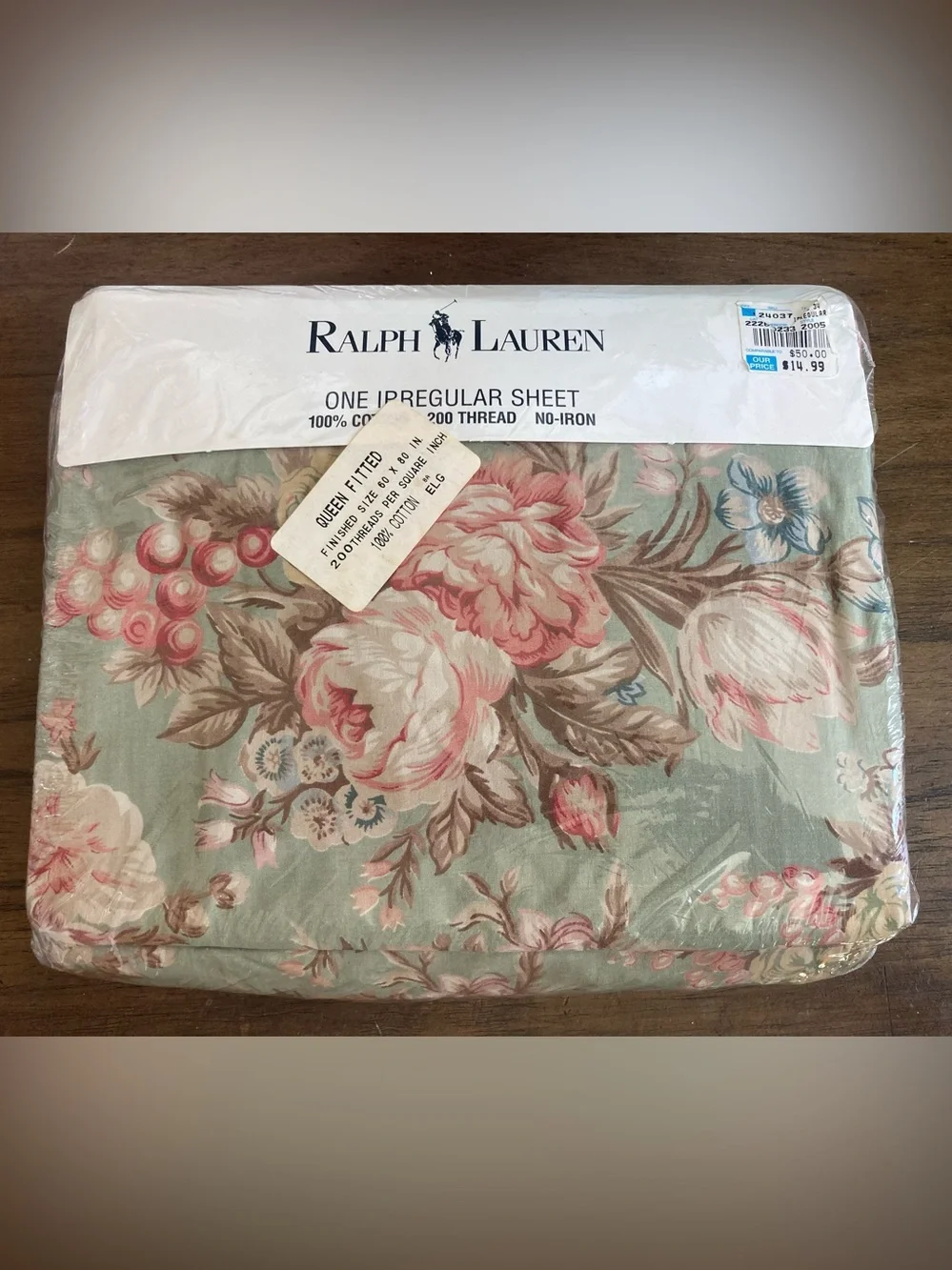 Vtg NOS RALPH LAUREN GREEN CHARLOTTE Irregular Queen Fitted Sheet Roses Floral